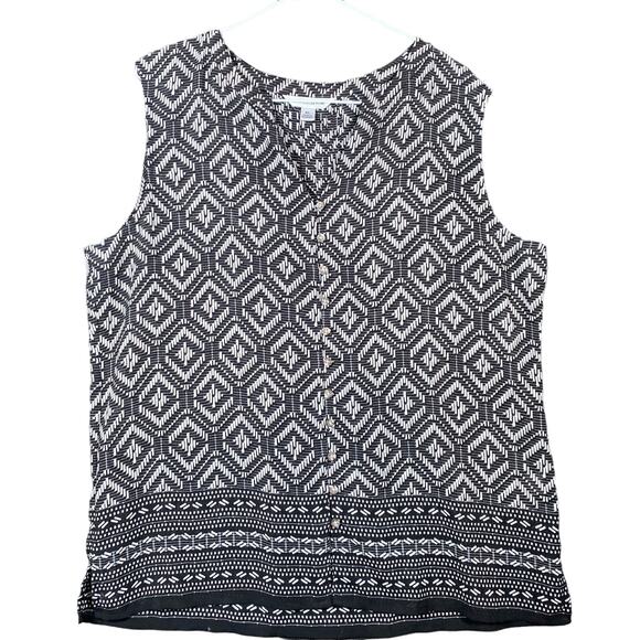 Croft & Barrow Womens Shirt Black White Button Down Geometric Sleeveless Tank XL - Picture 1 of 10